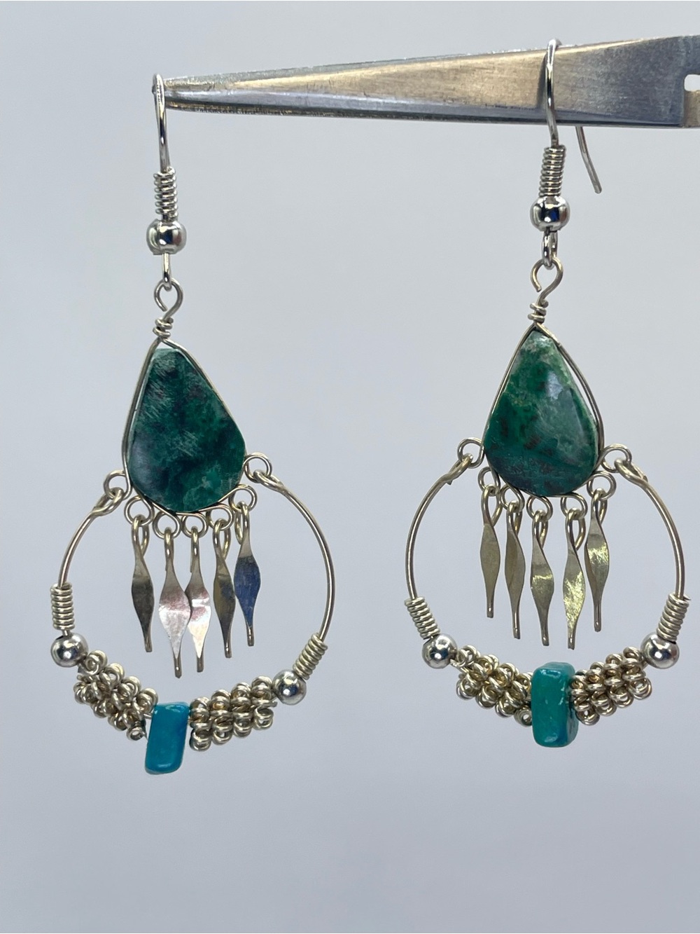 Silver Tone Green Jasper Teardrop Hoop Dangle Earrings Boho Southwestern